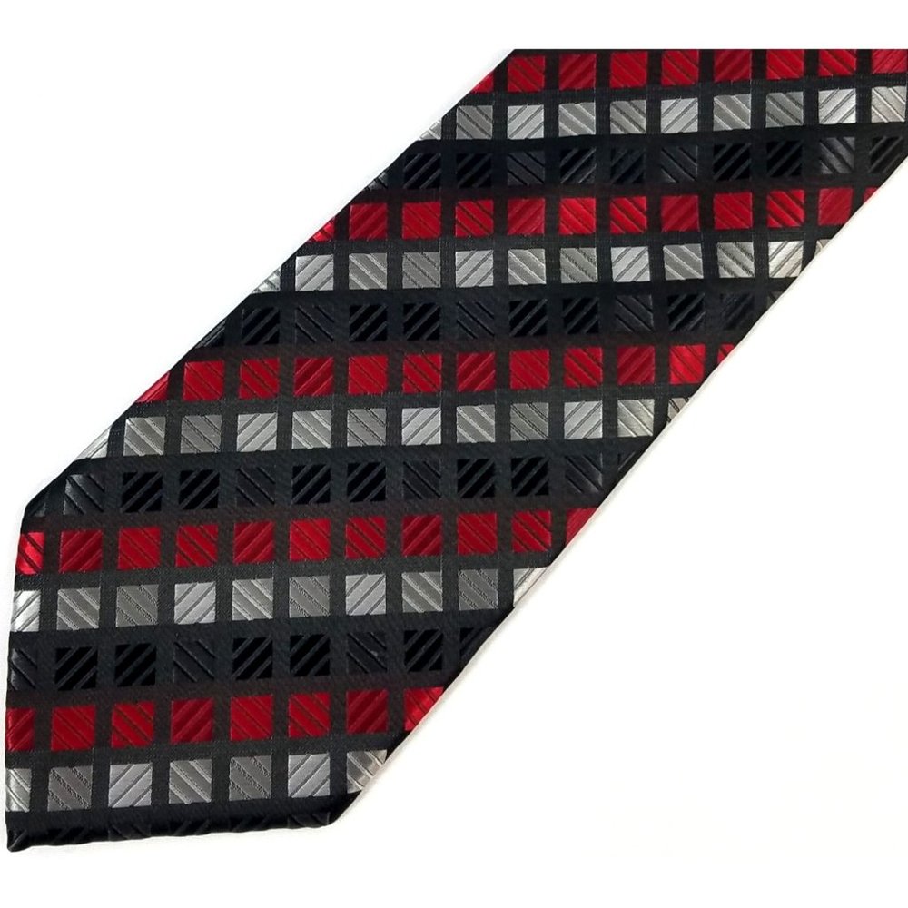 Croft & Barrow Men's Neck tie Silk red black gray squares Handmade 60" by 3.5"